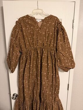 Chic Soul Brown Floral Midi Dress with Puff Sleeves